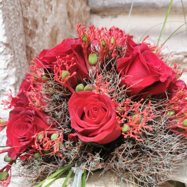 Bouquet Rose Rosse e Jatropha